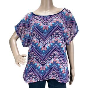 Absolutely Famous Women Navy Combo Chevron Boat Neck Short Sleeve Top Size XL